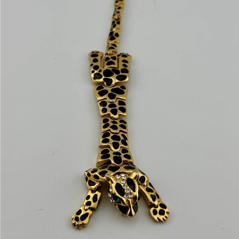 Vintage Leopard Gold Tone Rhinestone Enamel Articulated Bracelet